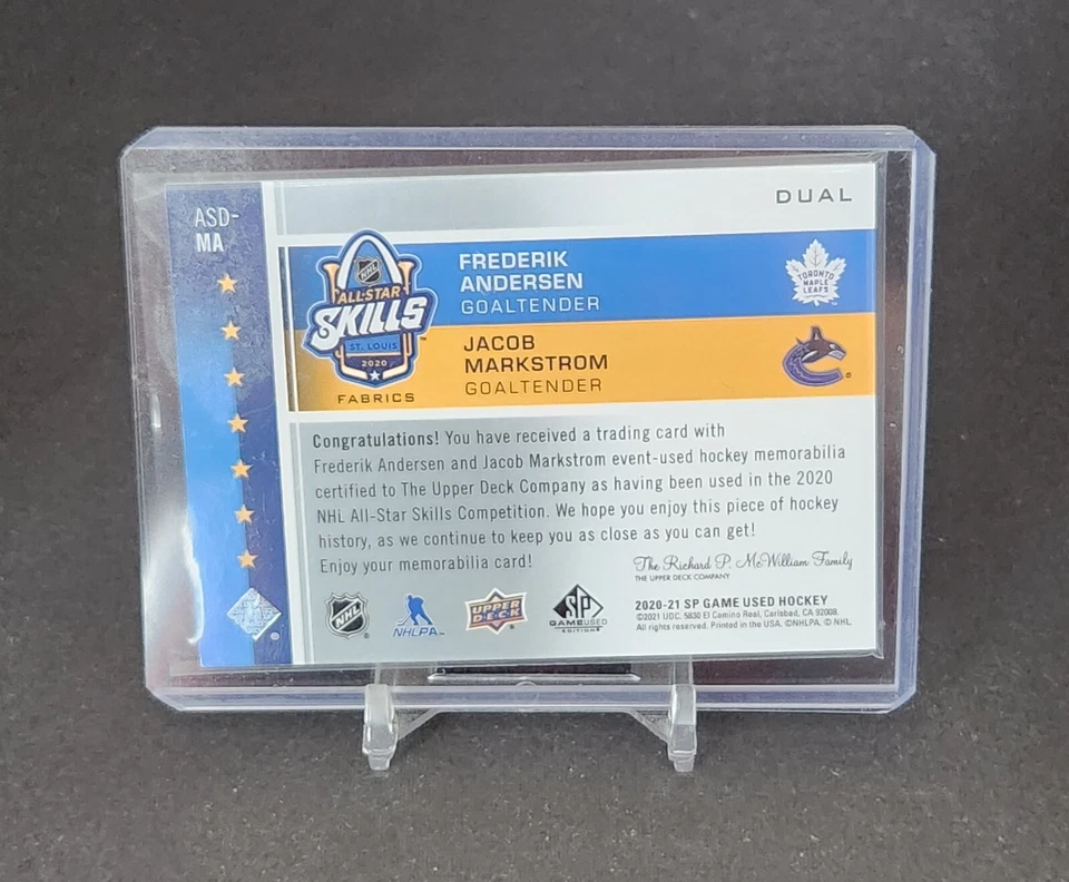 2020-21 Upper Deck SP Game Used Frederik Andersen Jacob Markstrom #ASD-MA - Image 2 of 2
