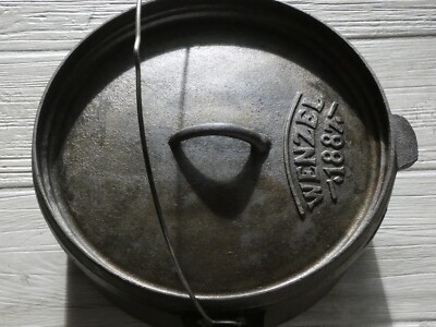 VTG WENZEL 1887 CAST IRON DUTCH OVEN W/ WIRE BAIL HANDLE NICE