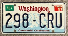 Washington 1991 CENTENNIAL CELEBRATION License Plate # 298-CRU