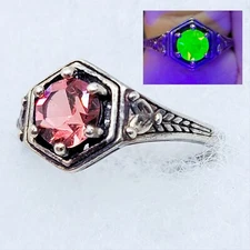Sterling Pink Uranium Glass Ring Edwardian Style 925 Silver