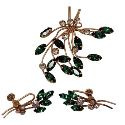 Rhinestone Brooch Earrings Set Signed Vargas 1/20 12K GF Green Flower VTG