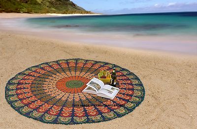 Green Beach Throw Yoga Mat Pom PomLace Indian 72'' Peacock Mandala Round Tapestry