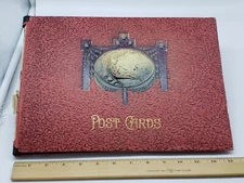 EMPTY Antique Postcard Album Slotted embossed W/ Pan Playing Flute to Sheep Red.