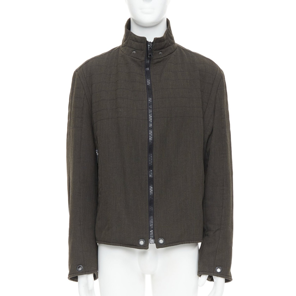 BURBERRY khaki green wool blend black zip overstitch biker BURBERRY khaki green wool blend black zip overstitch biker