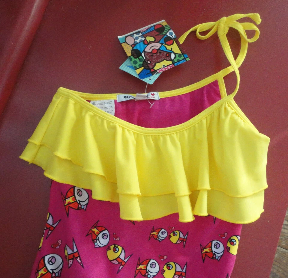 SUBMARINE ROMERO BRITTO Swimsuit 14 Pop Art to Wear  FISHIES  Deeply in Love NWT - Image 3 of 4