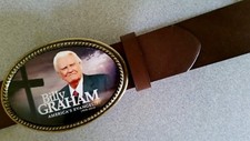 BILLY GRAHAM "AMERICAS PASTOR" COMMEMORATIVE EPOXY BELT BUCKLE  Brown Belt