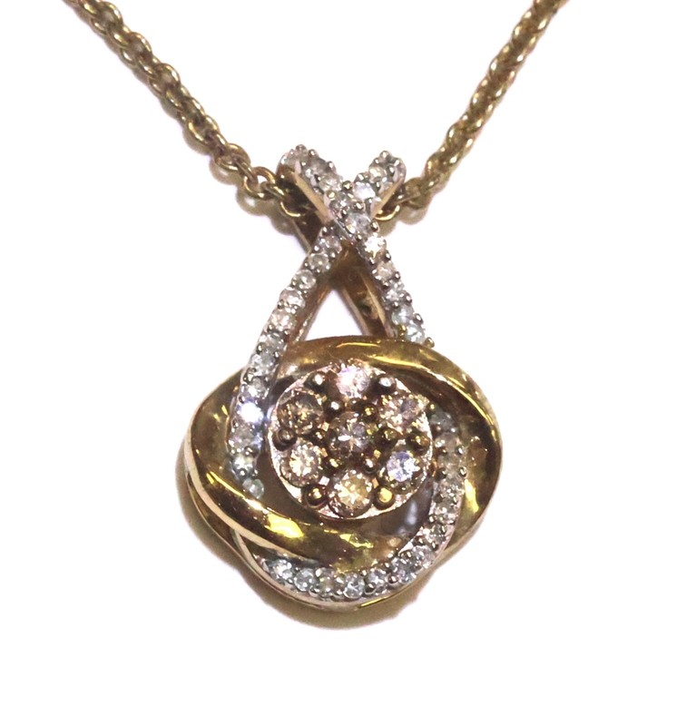 925 sterling silver gold plated .25ct brown white diamond pendant necklace 3.1g