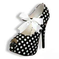Pleaser Bordello TEEZE-25, black, concealed platform, white satin ties polka dot