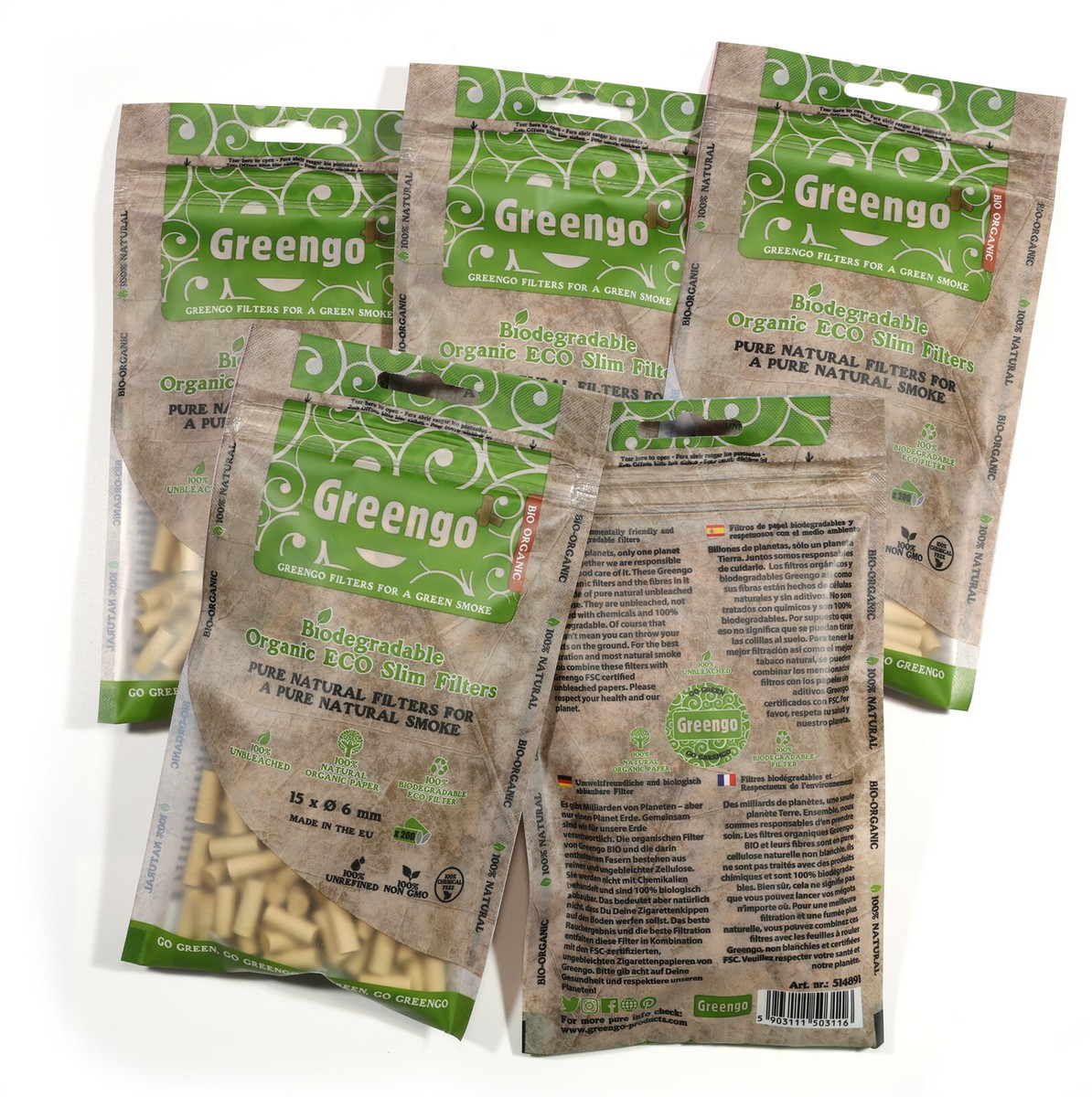 1000 Greengo Biodegradable organic ECO unbleached Slim 6mm filter tips