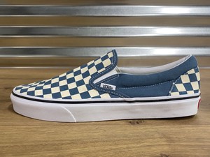 vans slip on blue and white checkerboard