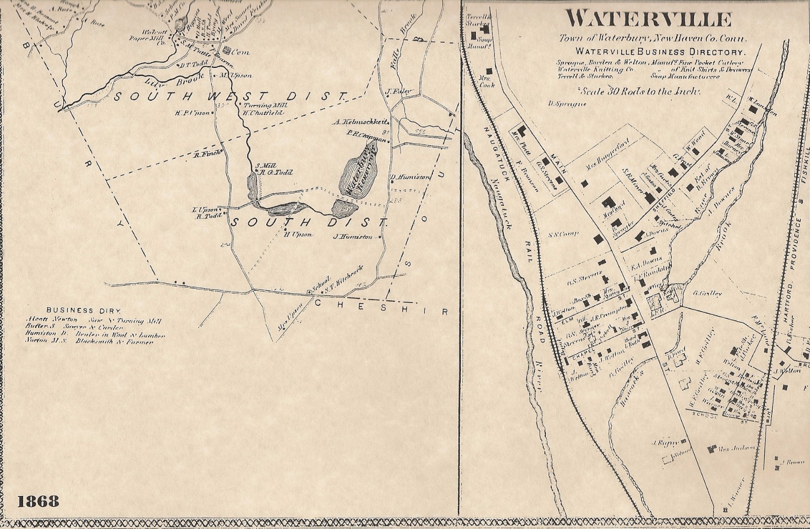 Wolcott Waterville CT 1868 Map with Homeowners Names Shown