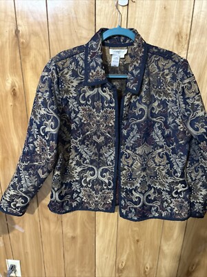 Coldwater Creek Sz Large Navy Gold Tapestry Jacket Business Old Money Luxury