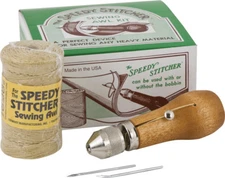 Speedy Stitcher Sewing Awl Kit Includes: Speedy Stitcher Sewing Awl, a bobbin wo