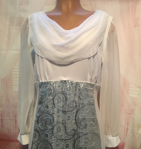 Vintage Silver Foil Lame' Dress Paisley Sheer Sleeve Long Maxi Size 14 - Picture 3 of 7
