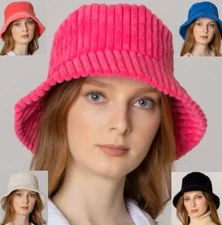 Corduroy Solid Soft Faux Fur Wide Brim Warm Winter Fall Bucket Hat