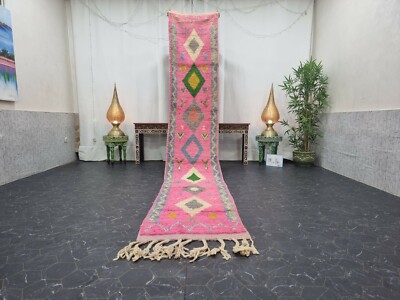 Moroccan Boujaad Handmade Rug 2'2''x13'2'' Berber Geometric Pink Gray Wool Rug 