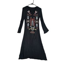 Barefoot Bohemians Women’s Black Embroidered Lace Up Dress Hippie Aztec Boho