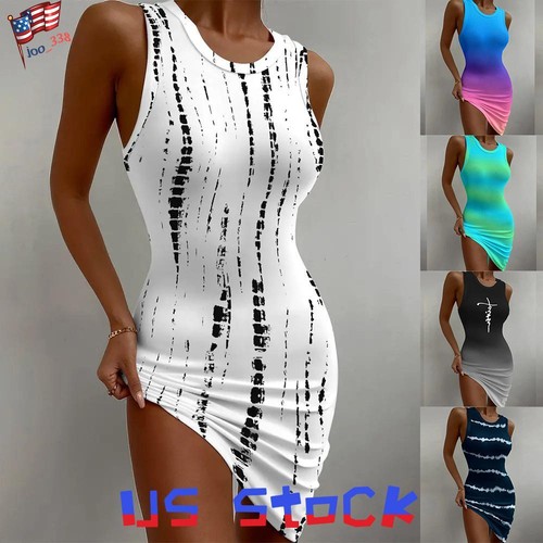 Women's Gradient Print Sleeveless Bodycon Mini Dress Ladies Party Dress Clubwear