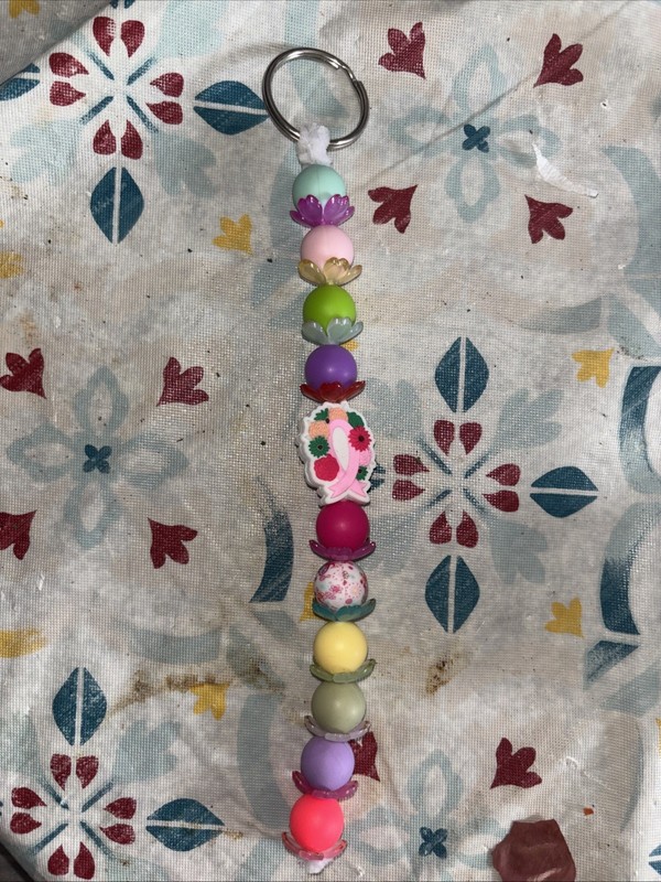 Crafted Beaded Long Key Chain Breast Cancer Month Flower And Multi Colors