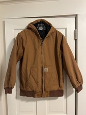 As Is - Carhartt Youth Large 14-16 Brown Duck Canvas Jacket Hooded Quilted