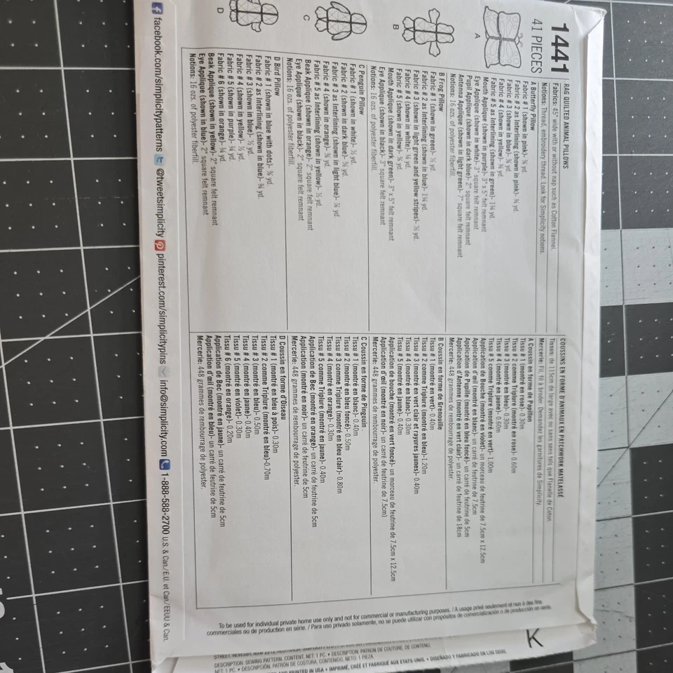 Simplicity 1441 rag quilted animal pillows, butterfly, frog, penguin, bird UNCUT - Image 2 of 3