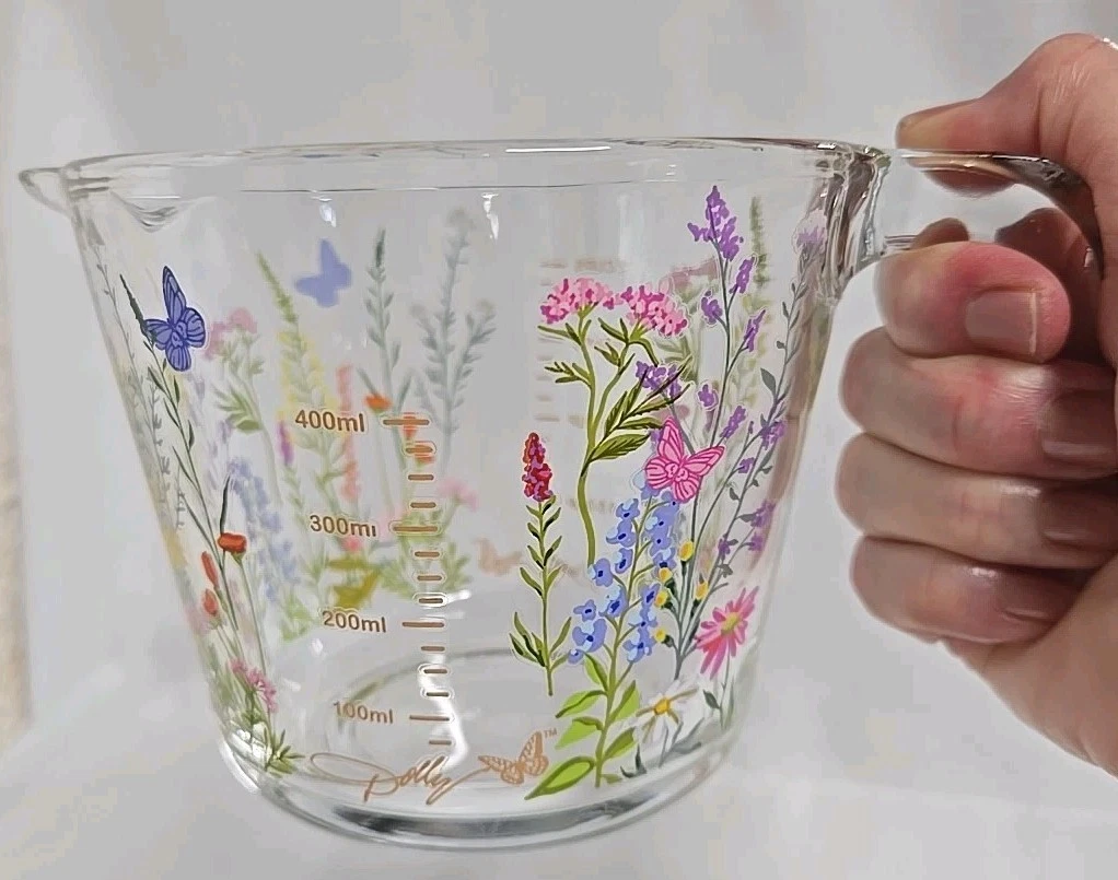 DOLLY PARTON Measuring Glass 2 CUP Wild Flowers Butterflies NEW BOHO Contemprary