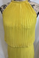 Xscape Yellow Pleated Halter Maxi Dress Gold Hardware Open Back Size 4 USA