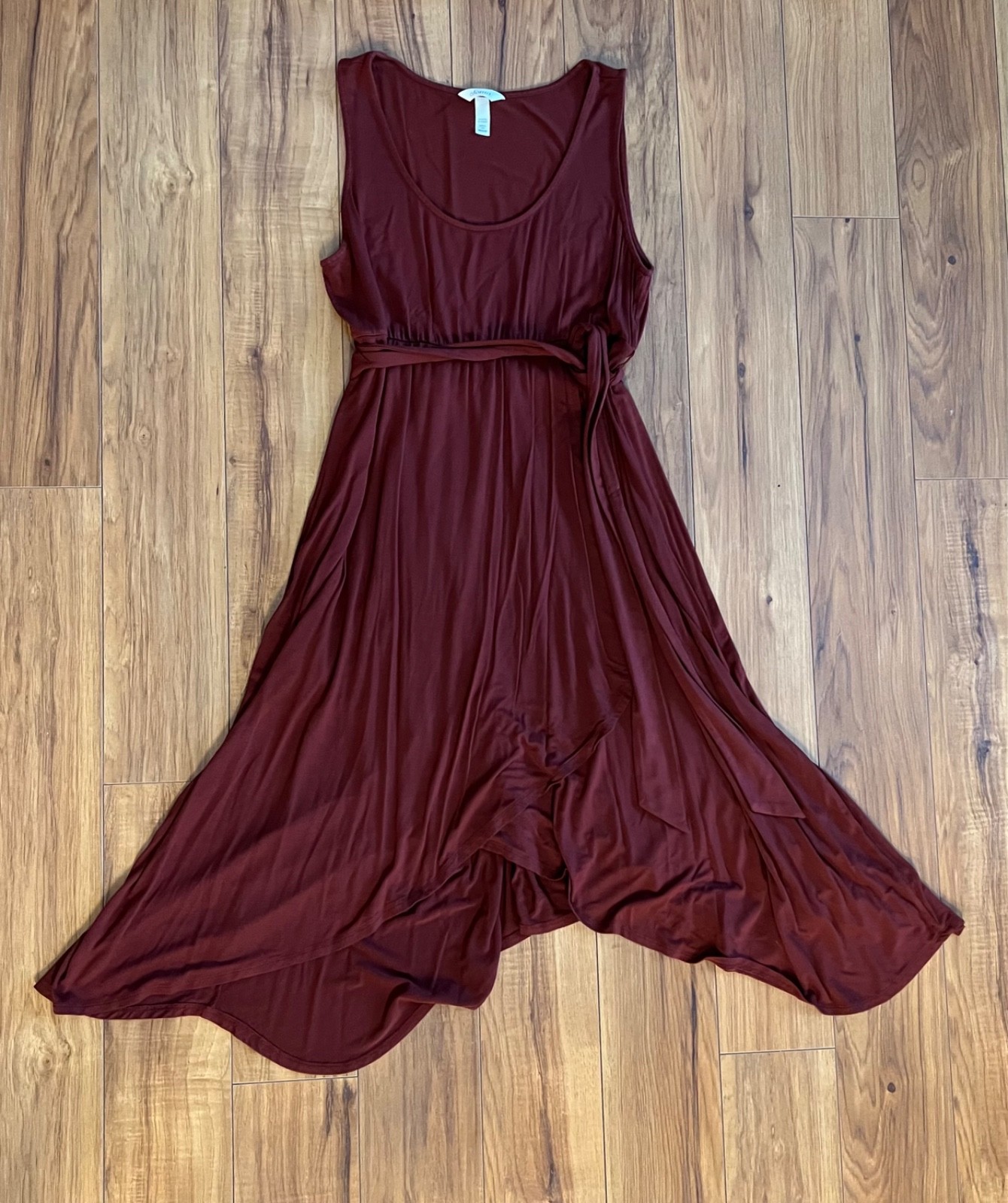 SOMA Maroon Knit Dress Empire Waist Wrap Bottom Calf Length Belt SizeM Supersoft