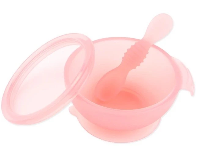 Juego de primera alimentación de silicona con tapa y cuchara BUMKINS en color rosa Foto 2 de 4