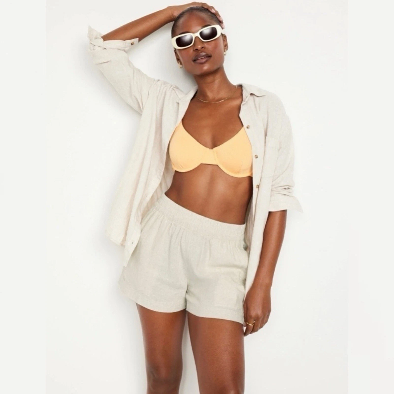 NEW Old Navy High Waisted Linen Blend Shorts XXL 2XL Natural Khaki Tan 811886