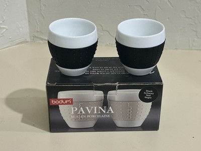 Bodum Set of 2 Pavina Porcelain Mugs (3 oz) with silicone Sleeve (Black)