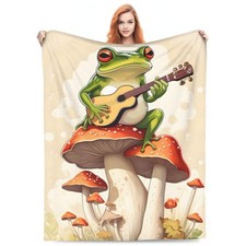 Frog Mushroom Blanket Gifts for Kids Funny Frog Play Guitar Flannel Throw Bla...