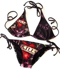 RARE Y2K Ed Hardy Rhinestone Skull Bikini Set S Love Kills Slowly Black VTG Rare