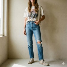 Levis 724 High Rise Straight Jeans Womens 28 Medium Wash Distressed Raw Hem