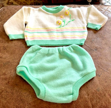 Vintage 80s 2pc Soft Acrylic Knit Baby Sweater Bloomers Mint Green 12m Japan
