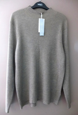 M&S MERINO WOOL RICH FUNNEL NECK RIBBED JUMPER SIZE 24 CAPPUCCINO - BNWT