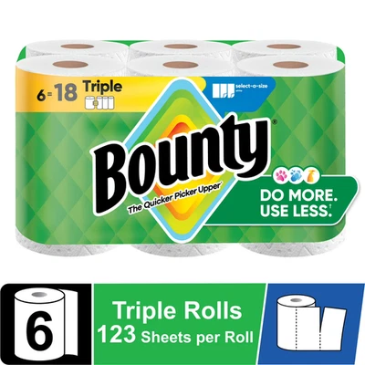 Bounty Paper Towels Select-A-Size White, 6 Triple Rolls, 123 Sheets Per Roll