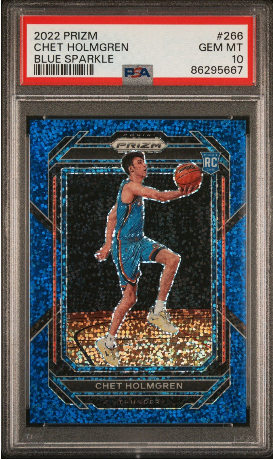 2022-23 Panini Prizm Chet Holmgren #266 Blue Sparkle Prizm /144 (RC) PSA 10