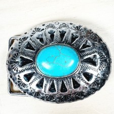 Southwestern Turquoise Belt Buckle Silver Tone Oval Cabochon 3" Western Style