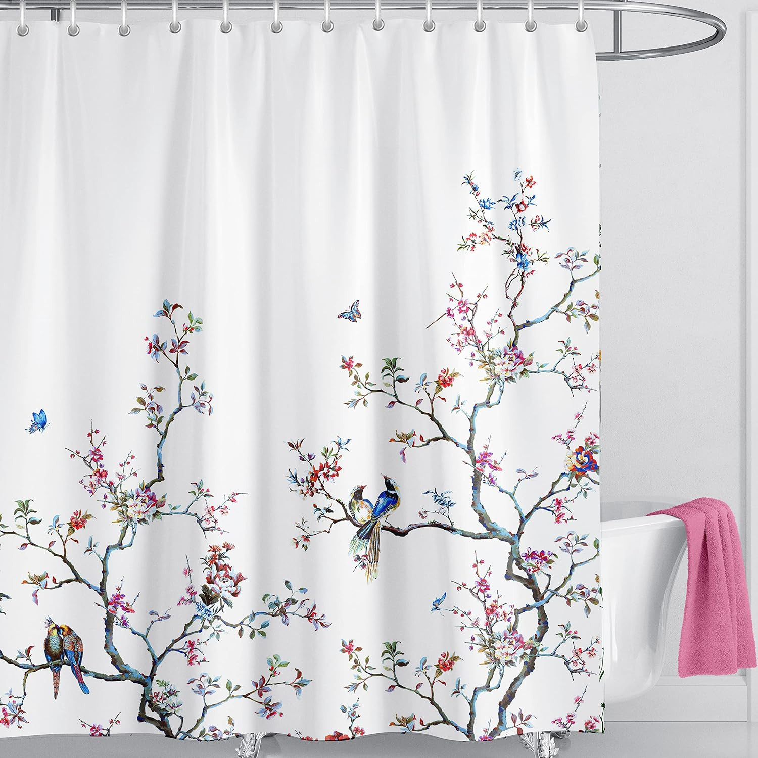 White Bird Floral Shower Curtain 180Cm × 180Cm Mould Proof Butterfly Fabric Bath