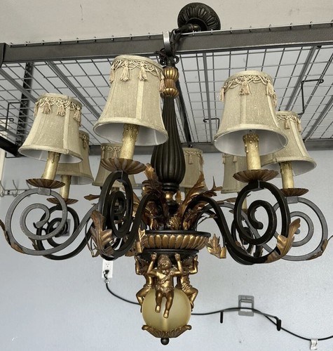 Vintage Large 8 Arm Black Gold Gilt Tole Scroll Leaf Cherub Lighted Chandelier