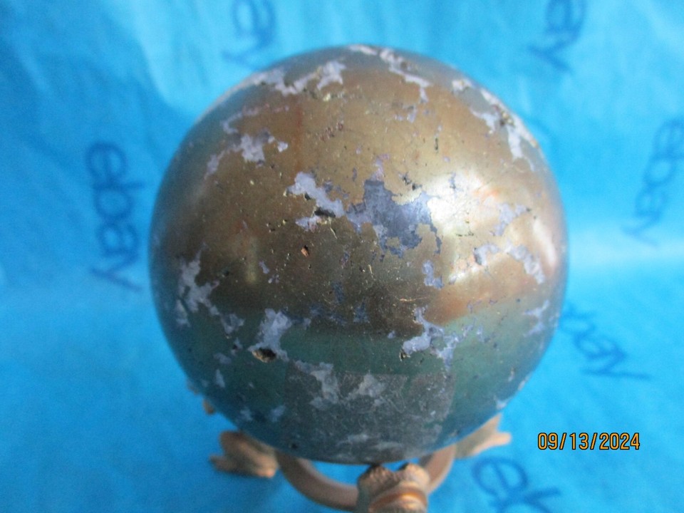 Iron Pyrite Druzy Quartz Sphere, Fools Gold, 3" D, Gilded Metal Frog