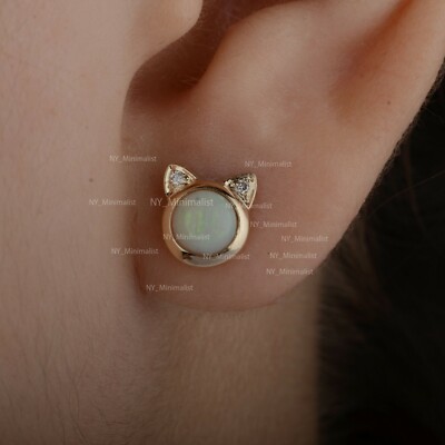Katzengesicht Design Echt Opal Edelstein Diamant Massiv 14K Gelbgold Ohrstecker