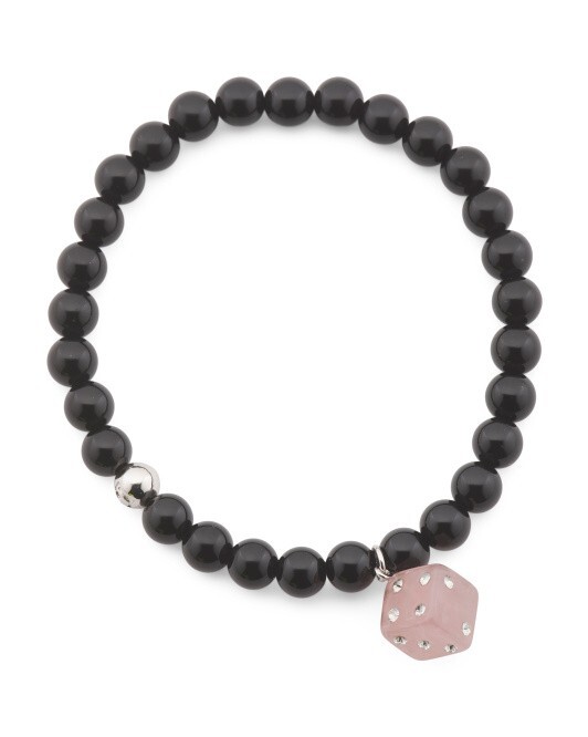 Coach Silver/Pink Dice Charm Bead/Beaded Black Onyx Stretch Bracelet