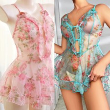 Women Sexy Lingerie Lace Sheer Babydoll Mini Dress Underwear Nightwear Sleepwear