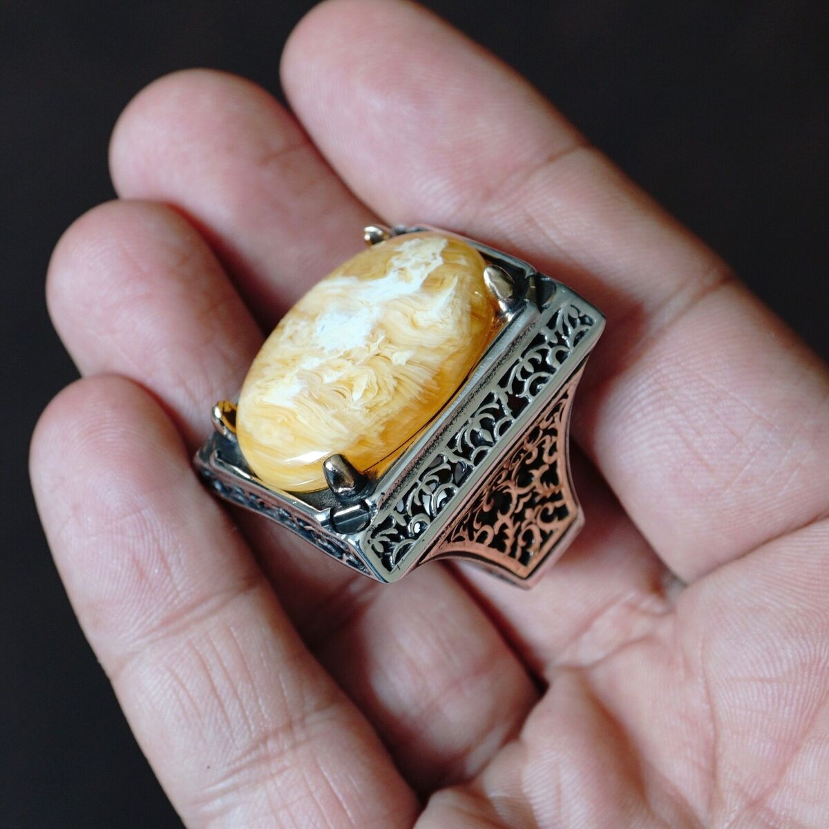 Silver Mens Ring Big Amber Artisan Jewelry Statement Bold Silver Mens Ring Big Amber Artisan Jewelry Statement Bold