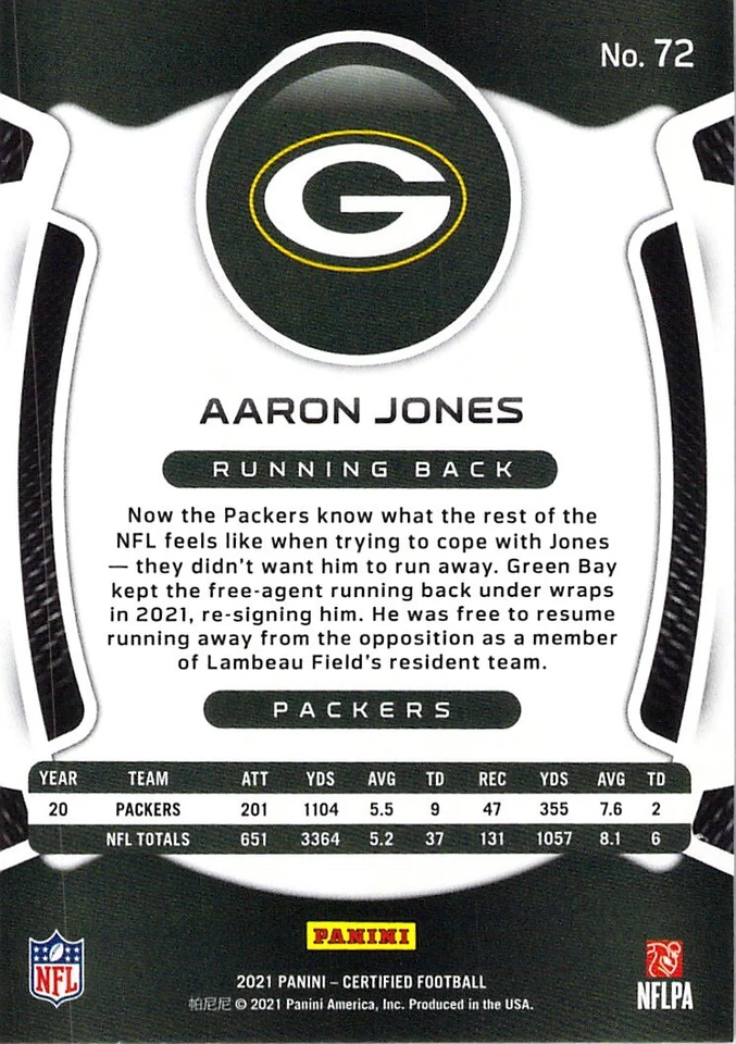 Aaron Jones 2021 Certified Football Gold Foil Base Card #72 Green Bay Packers - Image 2 of 2