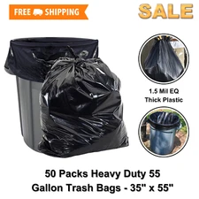 50 Pack Heavy Duty 55 Gallon Trash Bags, 1.5 Mil, Fits 50-55 Gal Cans, 35" x 55"