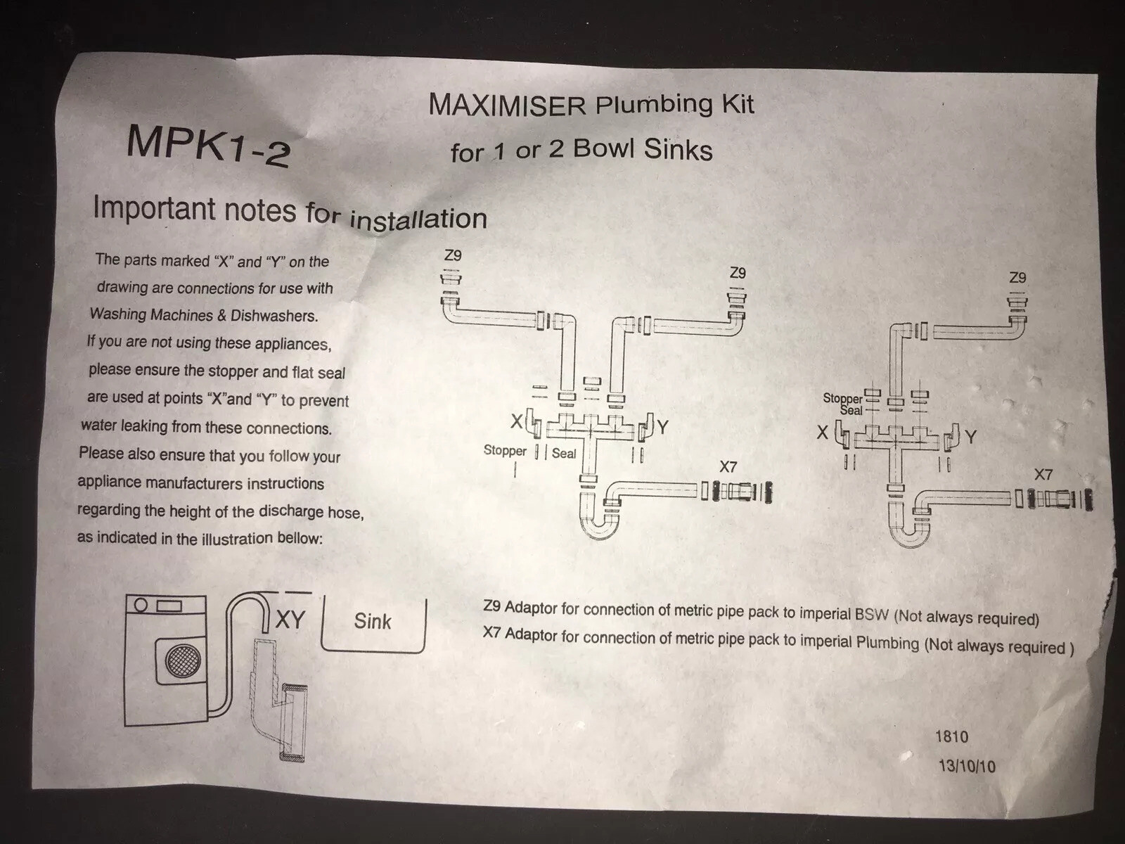 1810, as McAlpine SSK2, Franke SIP2,Waste Trap Space Saver Kit 1½" U