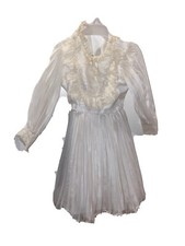 Vintage Merry Girl White Sheer Ruffle Lace Girls Party Dress 7 Pageant Tiara
